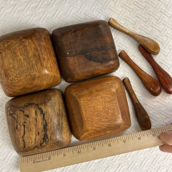 Vintage Antique 8 Piece Teak Wood Primordial Bowl and Spoon Sauce Serve Set - Picture 6 of 13